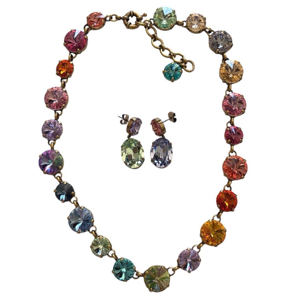 Roxanne Assoulin Signed Rainbow Crystal Necklace Earring Set Designer Jewelry - Picture 7 of 7